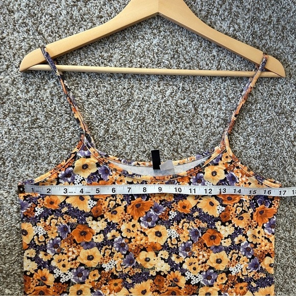 🦋 H&M Divided Orange Purple Floral Jersey Stretch Mini Dress Spaghetti Strap - Picture 5 of 6